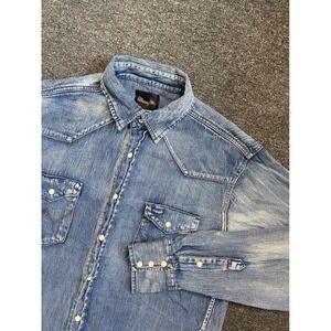 Wrangler Denim Pearl Snap Western Shirt Blue Mens Large Distressed MSM039W Ranch